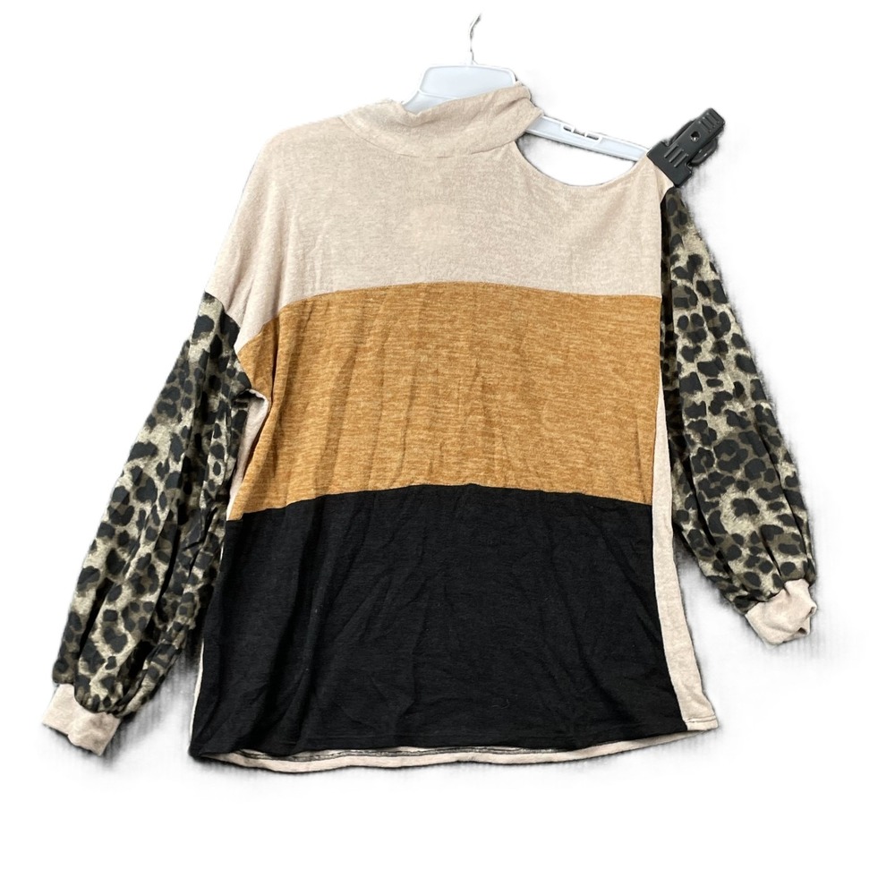 BiBi Sweater Womens M Colorblock Leopard Print Stretch One Cold Shoulder Cutout